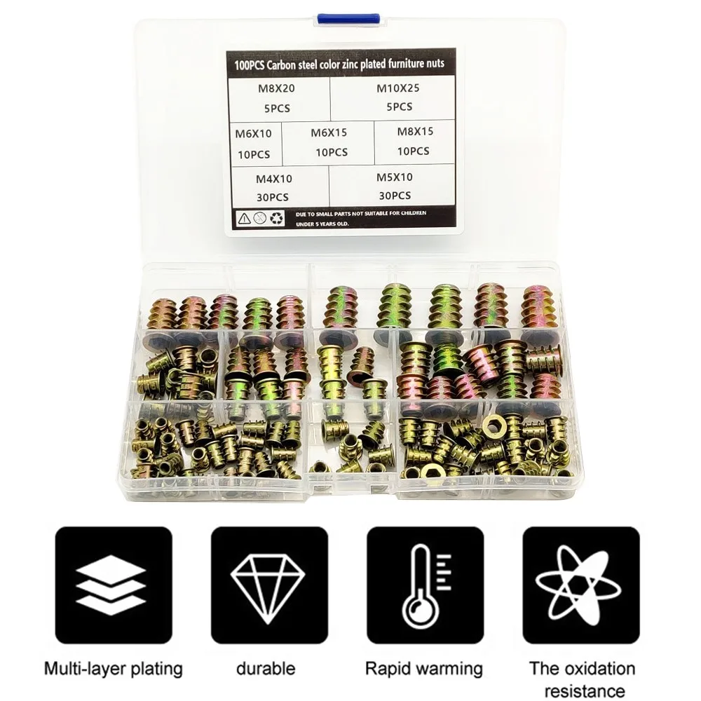 

100pcs Insert Nuts Kit M4 M5 M6 M8 M10 Zinc Alloy Flat Head Hexagonal Thread Nuts Assort for Woodworking Furniture