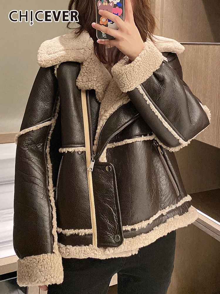 

CHICEVER Temperament Brown Leather For Women Lapel Long Sleeve Zipper Loose Korean Fashion Women's Jackets 2021 Winter Clothing