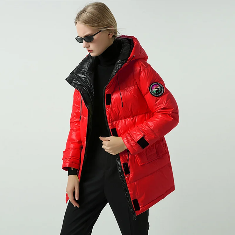 Новинка Зима 2019 стильная куртка с капюшоном и блестящей поверхностью Спортивная