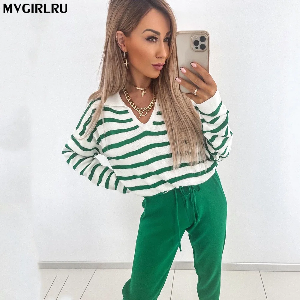 

Женский трикотажный спортивный костюм MVGIRLRU, Свободный пуловер контрастных цветов с V-образным вырезом и брюки-карандаш, комплект из 2-х пред...