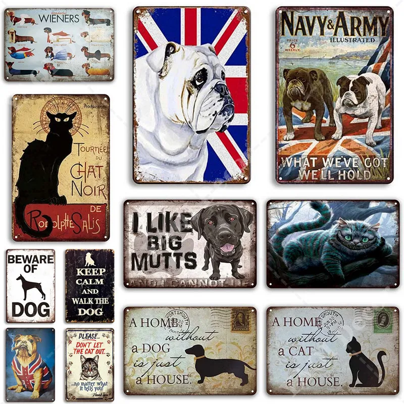 

Farmhouse Vintage Tin Sign Metal Sign Protected Dog Cat Sign Wall Decor for Man Cave Home Decoration Retro Metal Signs