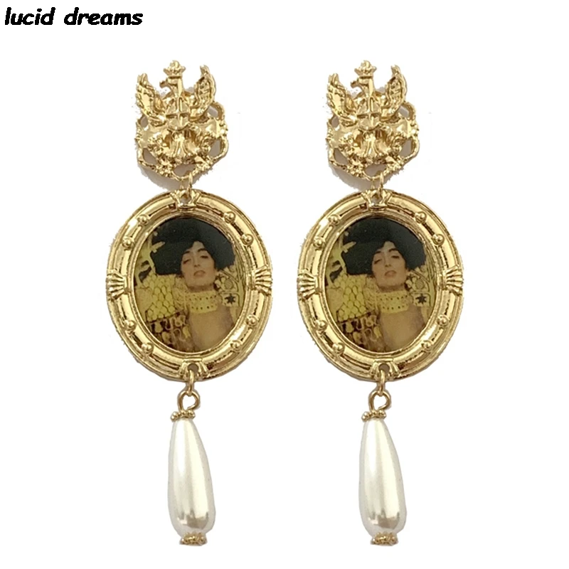 

Gustav Klimt Baroque Pearl Drop Earrings Dangle For Women Palace Style Jewelry Statement Pendant Simple Earrings Vintage Lady