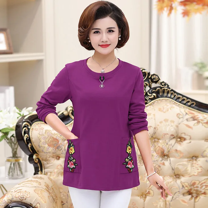 warm tops fall winter women thick long sleeves t-shirts velvet jersey plus size middle age mother shirt pulloves bottoming shirt - Цвет: rose 1166