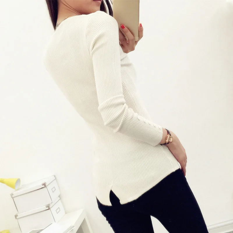 2020 New Winter Women Knitted Tops Low Cut O-Neck Slim Full Sleeves Button Pullovers Solid Sweater Female | Женская одежда