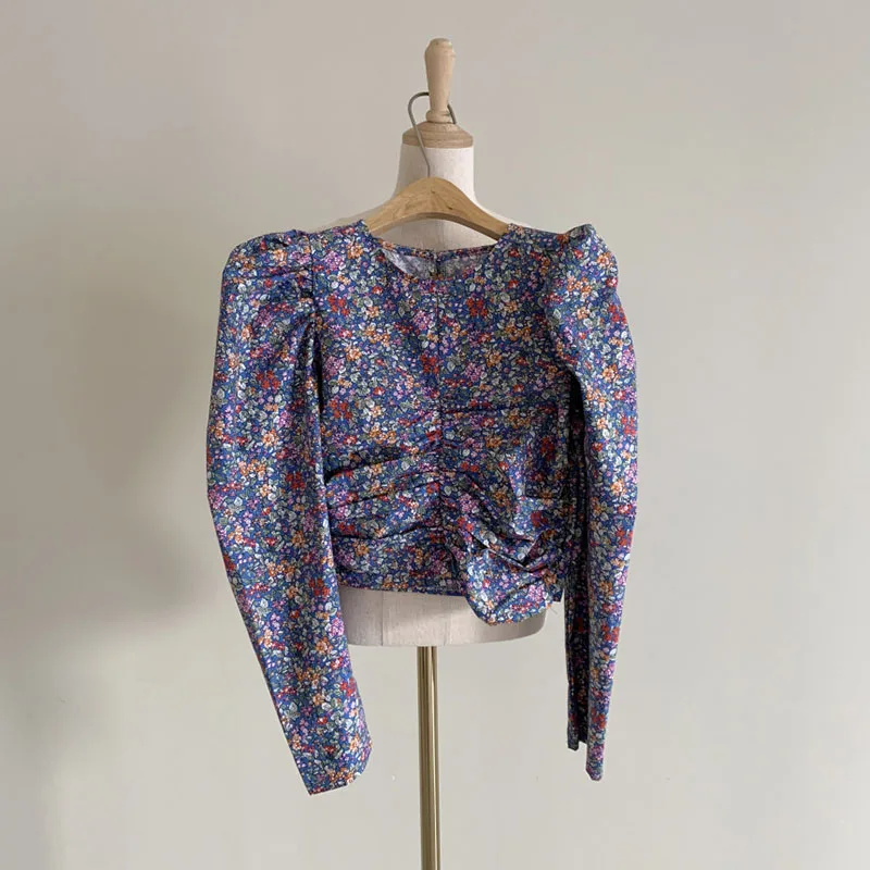 

Women's spring autumn blouse top French retro style round neck pleated top new slim waist short puff sleeve female tops GX415