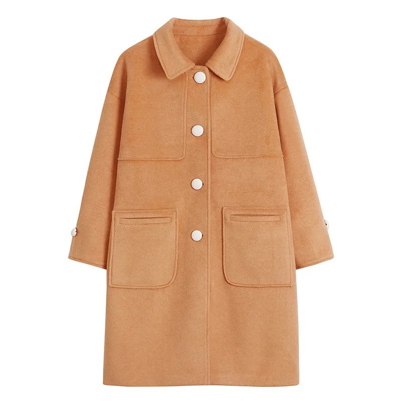 

TVVOVVIN Korean Simple Loose Woolen Coat Lapel Single Brested Large Size Women Big Pocket Winter Overcoat 9I4G