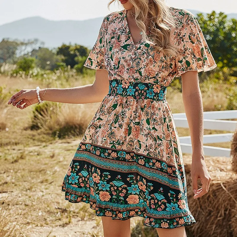 

Women's High Waist V-Neck Short Sleeve Boho Printed Dress Pink Apricot