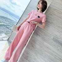 ladies two piece fashion round neck love sequins all match t shirt high waist wide leg pants suit spring and summer new