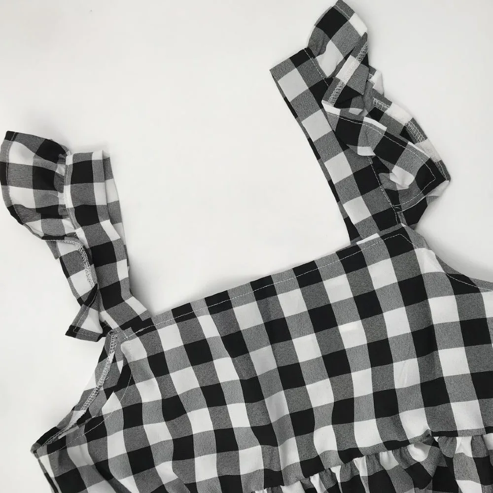 

Women's Dress 2021 Summer Ruffles Black Plaid Casual Loose Square Collar Folds Beach Sleeveless Mini Dress Woman Vacation