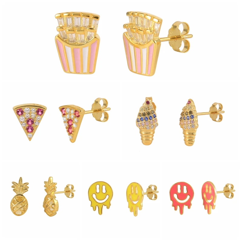 

ROXI Cute Enamel Food Stud Earrings For Women 925 Sterling Silver Ice Cream Cheese Funny Face Fries Pineapple Earrings Jewelry