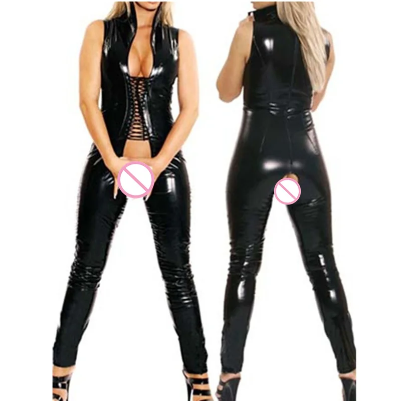 Женские сексуальные костюмы, черный латексный костюм-кошка из искусственной кожи, Женская Клубная одежда, фетиш, бондаж, костюмы с ремнями