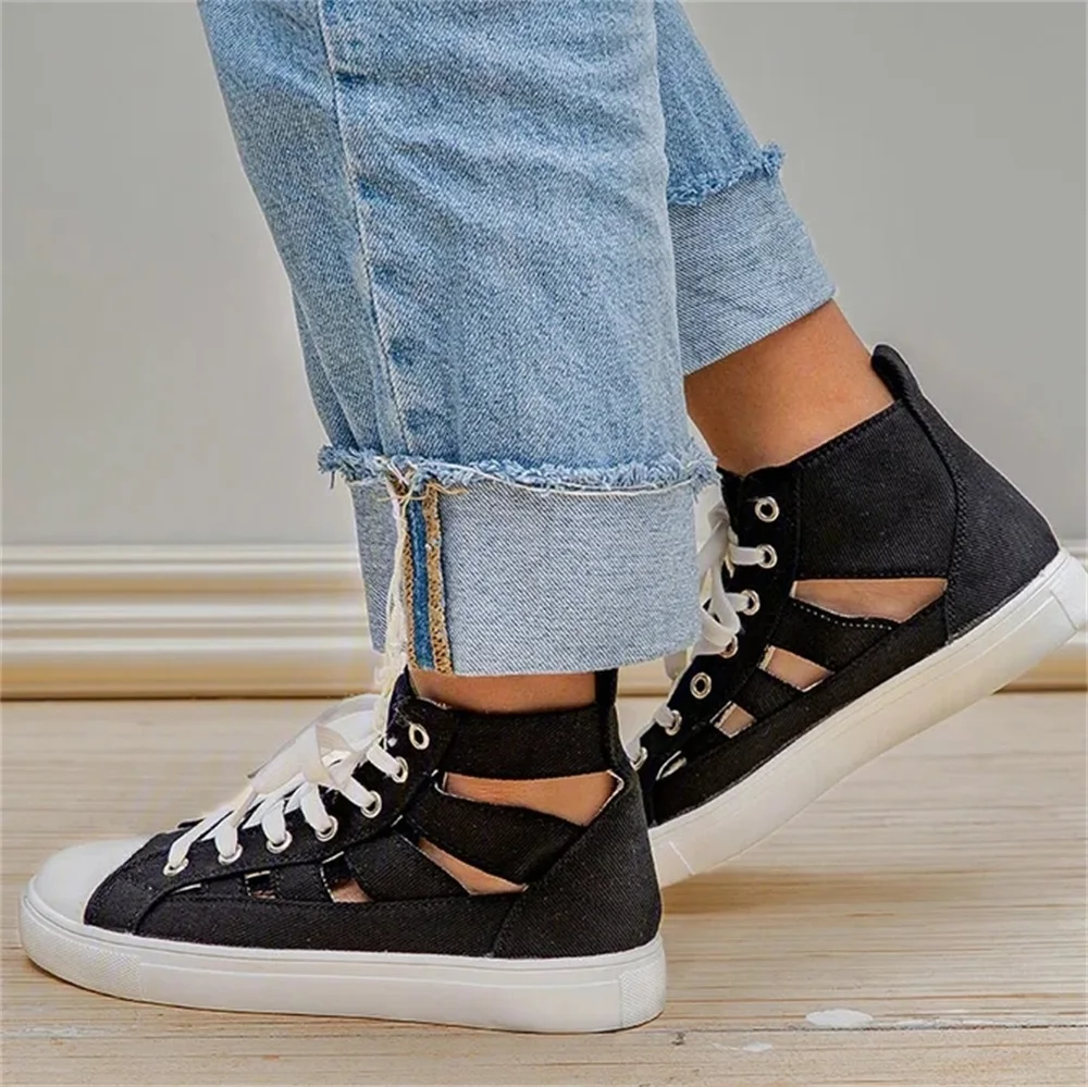 

Women Hollow Out Sneakers 2021 Spring Summer Breathable Ladies Lace Up Casual Canvas Shoes 35-43 Large-Sized Female Flats