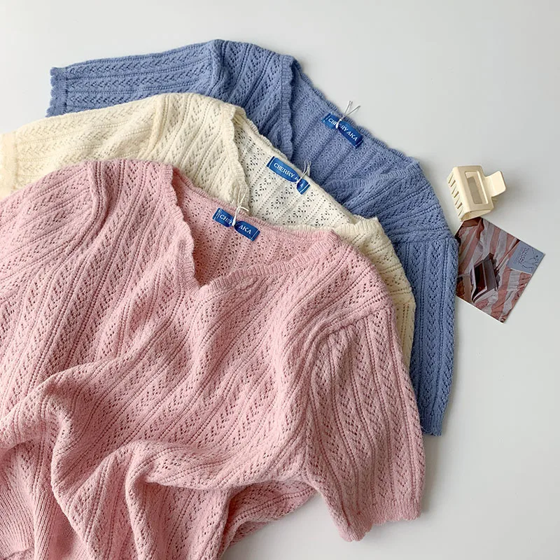 

Вязаный свитер женский розовый 2021 летние Новый стиль чувство дизайна меньшинств темперамент простые универсальные короткий топ мода