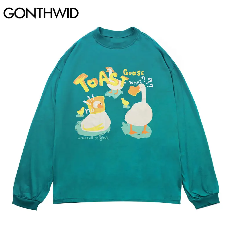 

GONTHWID Harajuku Tshirts Funny Cartoon Duck Print Streetwear Hip Hop Long Sleeve Loose Cotton T-Shirt Fashion Casual Tops