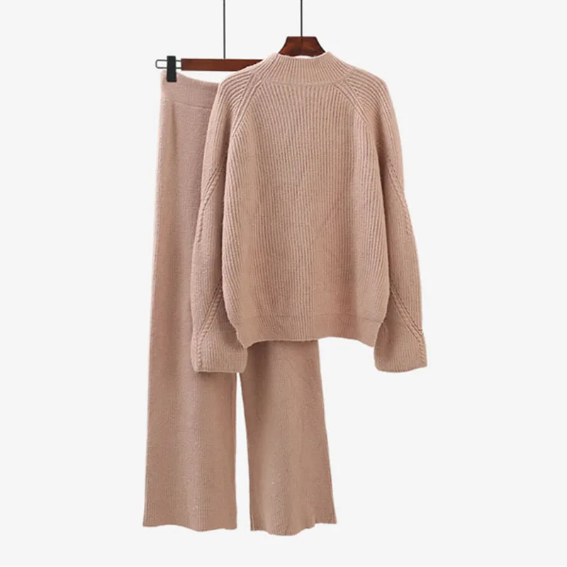 

Sister Fara 2021 Knitted Wide-Leg Pants Suit Women's Loose Turtleneck Pullover Sweater Wide Leg Pants+2 Piece Pullover Sweater