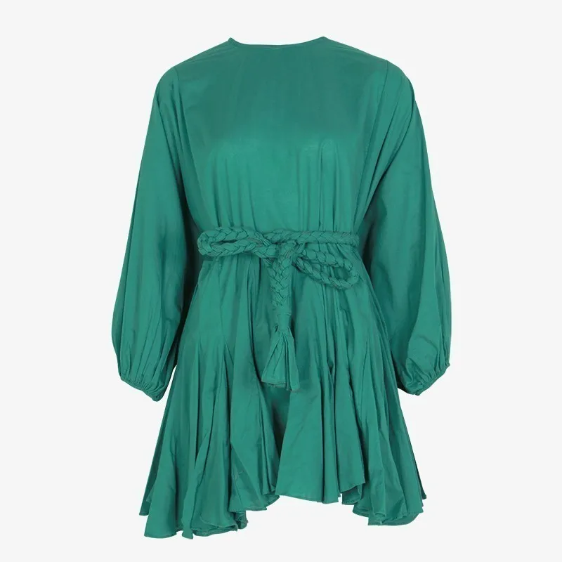 

VGH Print Elegant Dress For Women O Neck Lantern Long Sleeve High Waist With Sashes Ruched Mini Dresses Female Fashion New Style