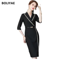 boliyae dress women summer elegant temperament office lady fashion slim half sleeve skirt chic korean black plus size vestidos