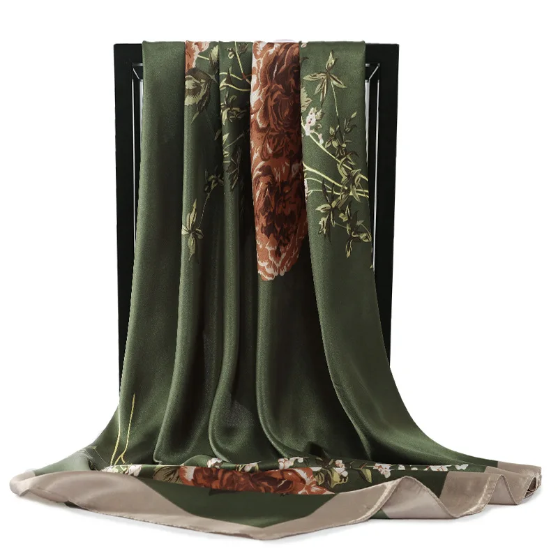 

Fashion Kerchief Silk Satin Hijab Scarf For Women Square Shawls and Wras Floral Print Head Scarfs 90X90CM Spring Dropshipping