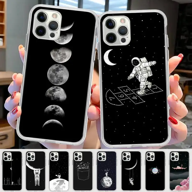 

White moon stars space astronaut Phone Case for iPhone 11 12 13 mini pro XS MAX 8 7 6 6S Plus X 5S SE 2020 XR case