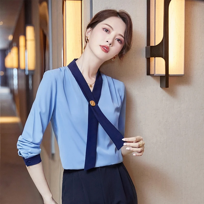 

Fashion Blouses Women Shirts Blue Long Sleeve Ladies Office Uniform Tops Work Wear V-neck OL Styles
