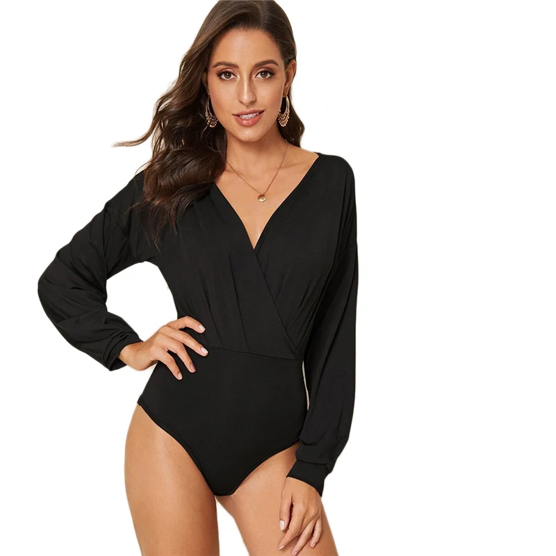 COLROVIE Solid Surplice V-neck Skinny Bodysuit Women Long Sleeve Minimalist Black Bodysuit Autumn Casual Sexy Bodysuits