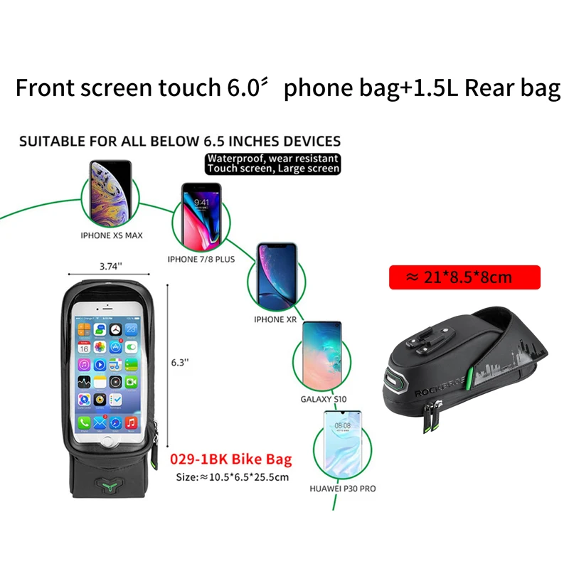 6.0in and rear bag ROCKBROS 6 дюймов велосипедные сумки Передняя сумка для телефона чехол прочный водонепроницаемый Сенсорный экран MTB дорожный Сверхлегкий велосипед большая сумка аксессуары - Цвет: 6.0in and rear bag