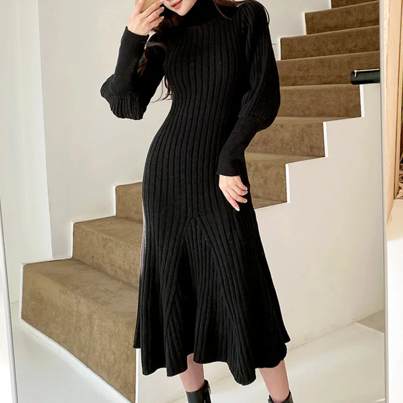 

Knit Dress Womens 2021 Autumn Winter New Retro Lantern Long Sleeve Turtleneck Slim Fit Hip Big Fishtail Midi Sweater Knitwear
