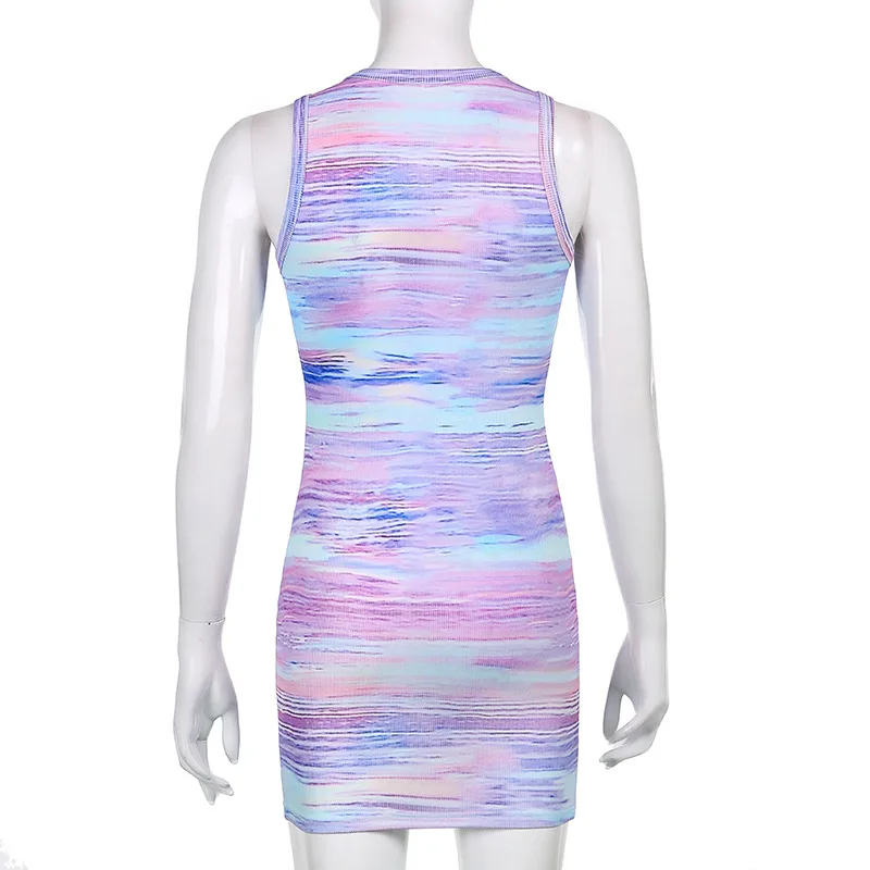 

2021 Summer Clothing Sleeveless Dress for Women Robe Femme High Waist Tie-Dye Sundress O-Neck Tank Dress for Female PDG2148