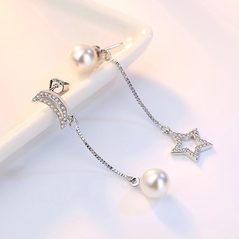 Женские асимметричные серьги-цепочки с Луной и звездой Серебристые серьги микро