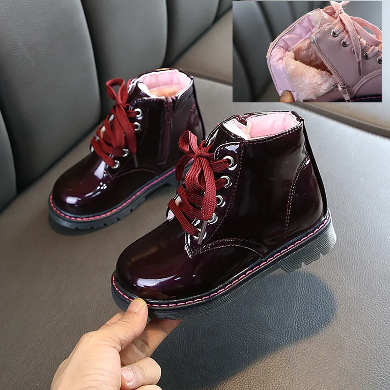 Wine Red Plush Детские Ботинки martin; Водонепроницаемая Обувь для мальчиков из искусственной кожи; модные ботинки принцессы для девочек; зимние ботинки для маленьких детей - Цвет: Wine Red Plush