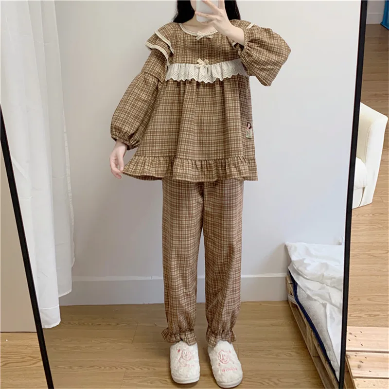 

spring loose checkered pyjamas women ruffles plaid pajamas set female long sleeve lace side casual vintage pjs homewear