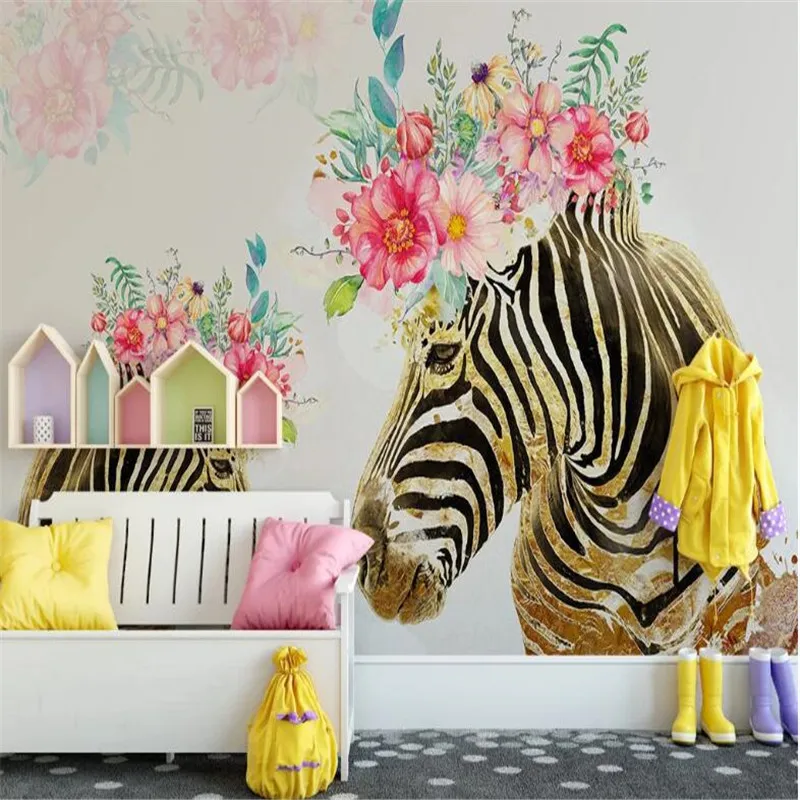 Large 3D wallpaper mural custom hand-painted golden zebra nordic flower children's room background | Обустройство дома