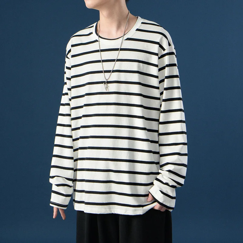 Новинка Осень 2021 свободная полосатая Мужская футболка с длинным рукавом тонкая