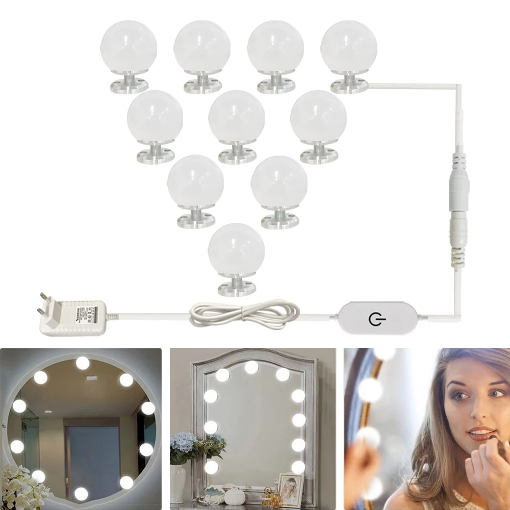 

Makeup Mirror Vanity LED Light Bulbs Kit Brightness Stepless Dimmable Screw on Hide wires Make up lamps Hollywood Cosmetic light