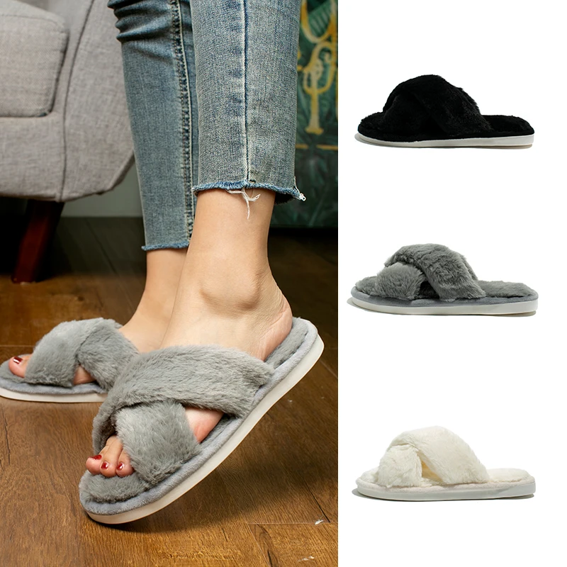 

Women's Fluffy Slippers Winter Warm Fur Cotton Shoes Big Size 44 45 for Women Home Memory Foam Sandals Anti-Slip Luxury Slides