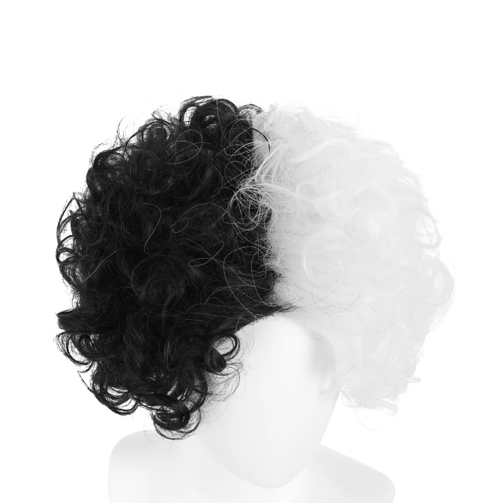 

Movie Cruella de Vil Cruella Wig Emma Stone Short Black White Curly Hair Wigs Cosplay Props