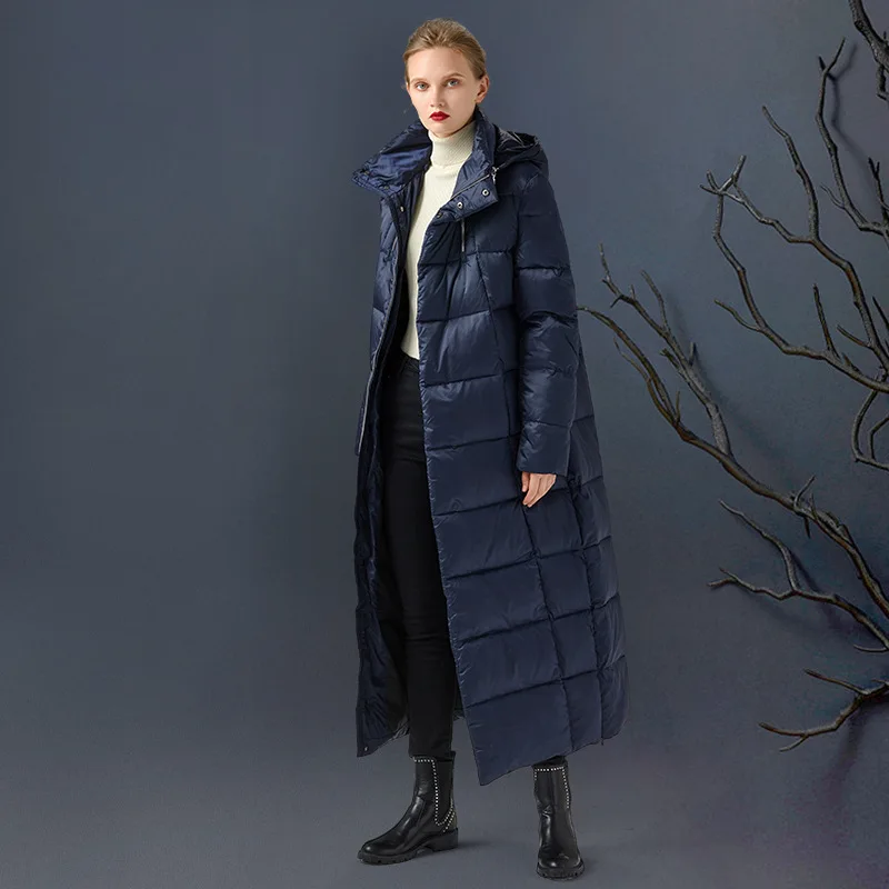 

Женский длинный пуховик с капюшоном, ветрозащитная водонепроницаемая куртка на белом утином пуху, с капюшоном из меха енота