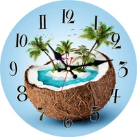 seashore palm coconut tree clock large silent round imitation wood wall clockblue sky beach natatorium custom wooden wall clock