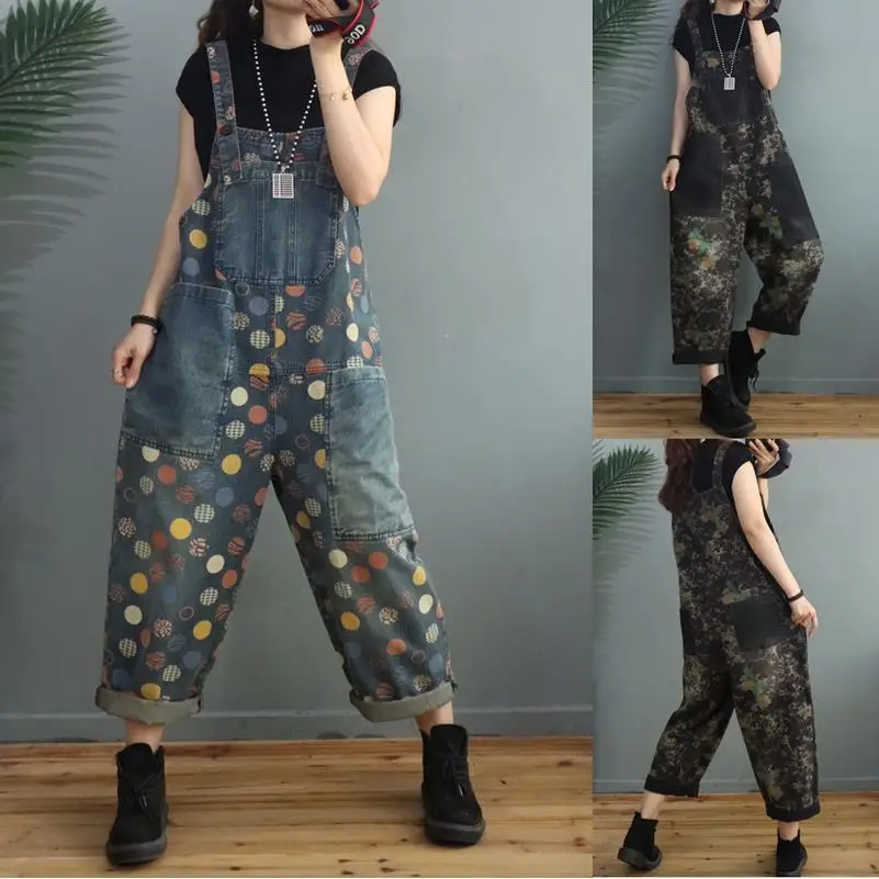 

European new wave dot printing denim strap pants women's spring and summer loose and versatile fashion age reducing casual pants