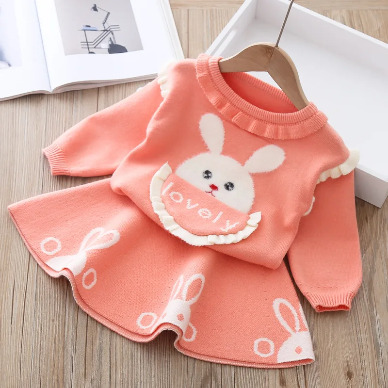 Baby girl clothes autumn and winter sweater dress two-piece cartoon cute rabbit warm knitted suit | Детская одежда и обувь