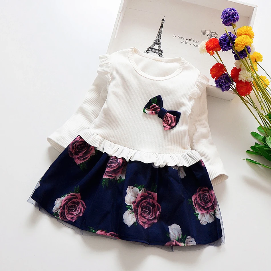 

Baby Girls Dress 2020 Autumn Cute Bow Print Newborn Dress Long sleeved Princess Dresses for Girl Toddler Kids Dress 2-7Y