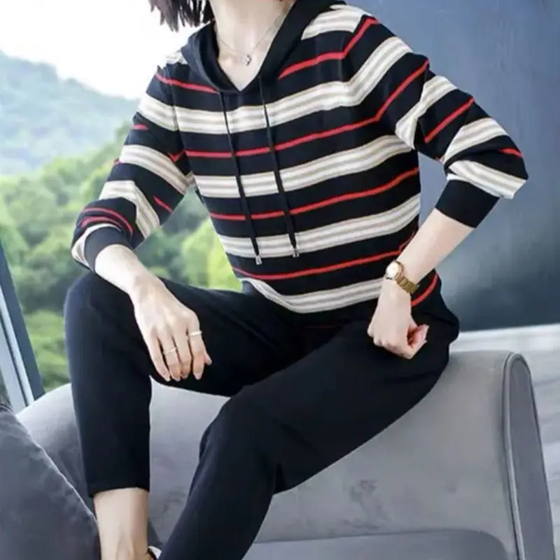 Трикотажные полосатые классические костюмы толстовка с длинным рукавом свитер