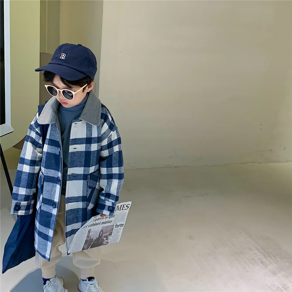 

Korean style Winter fashion boys woolen plaid long quilted trench jackets kids thicken warm cotton padded loose coats
