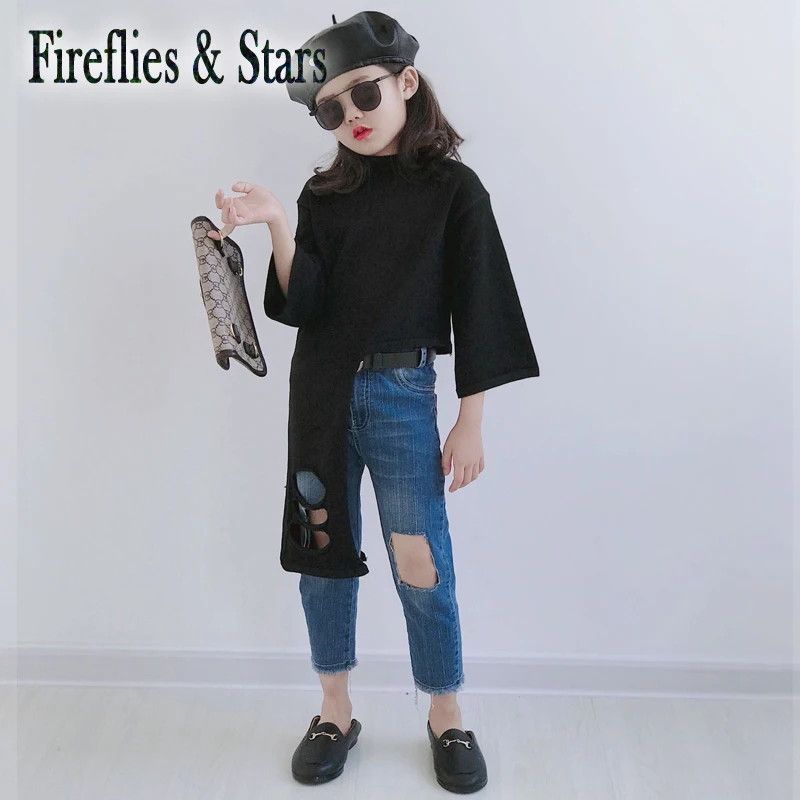 Весенне осенние джинсы для девочек Детские эластичные джинсовые брюки детские