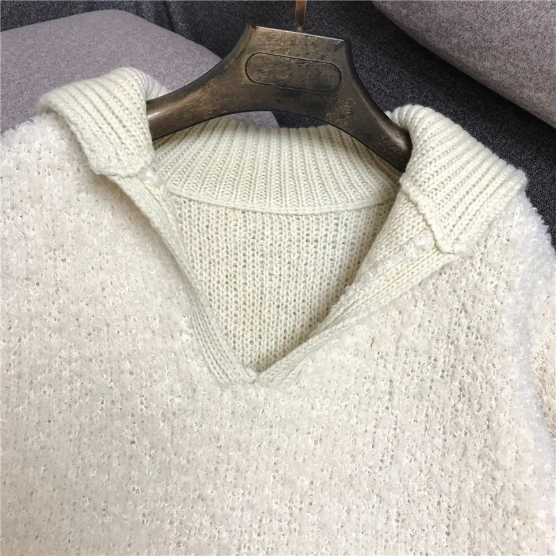 

Autumn Winter Lazy Wind Pullover Women Hooded Lapel Patchwork Lambswool Sweaters Female Thickening Knitting Fashion Streetwear