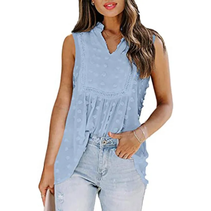 

Women Summer Casual Lace Splicing Dot Bohemian Chiffon Vest Shirt Fashion Women Tops