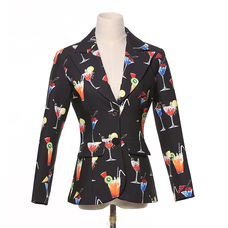 SEQINYY Black Blazer Autumn New Fashion Design Long Sleeve Women Wine Glass Printed Female Jacket