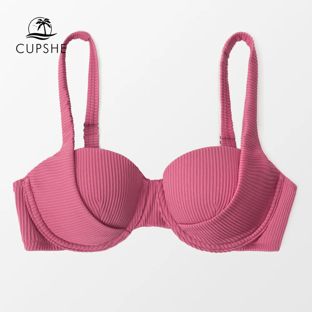 

CUPSHE Underwire Push Up Bikini Top Only For Women Sexy Ribbed Solid Pink Bra Top Swimwear 2022 Separate Swimsuit Beachwear