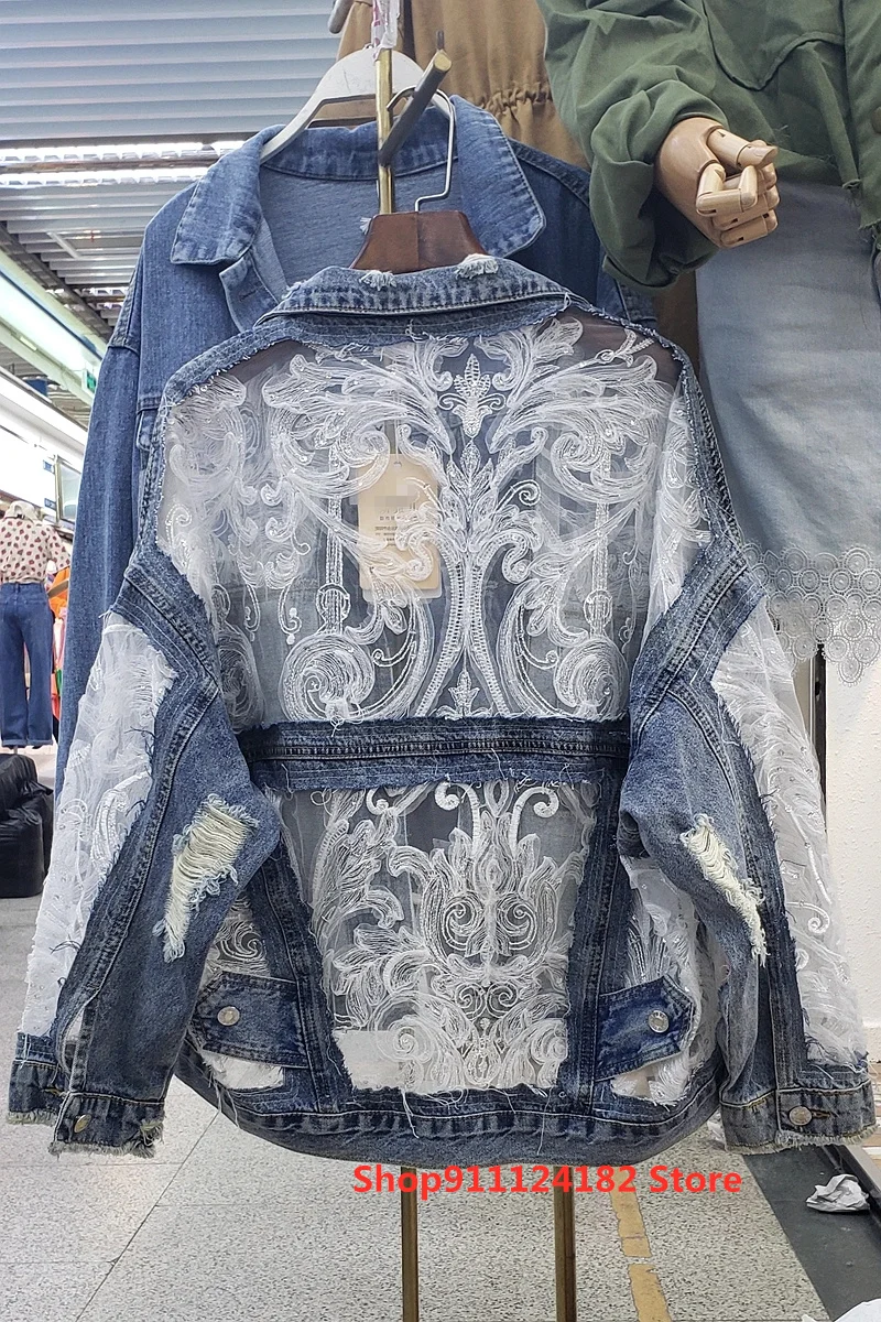 

Embroidered Mesh Stitching Denim Jacket 2021 Spring and Summer Loose and Broken Holes Short Very Fairy Lace Sunscreen Clothing