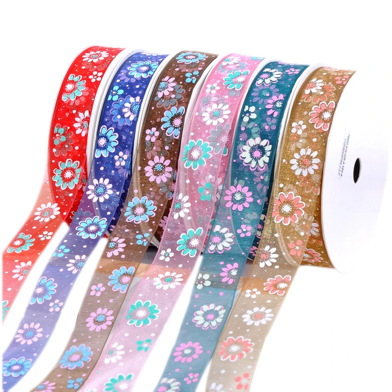 

5yards 9mm 16mm 25mm 38mm Flower Printed Organza Ribbon for DIY Crafts Gift Box Wrapping Hairbow Handmade Christmas Ribbons